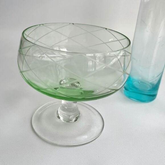 Depression Glass Trio: Green Coupe, Blue Rose Vase, Tiny Pitcher w/ Etching - Picture 4 of 7